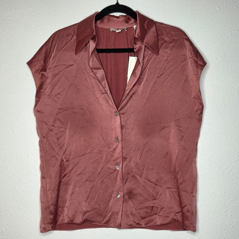 NWT Vince Women's Silk Cap-Sleeve Ruched-Back Blouse, Peony Wood